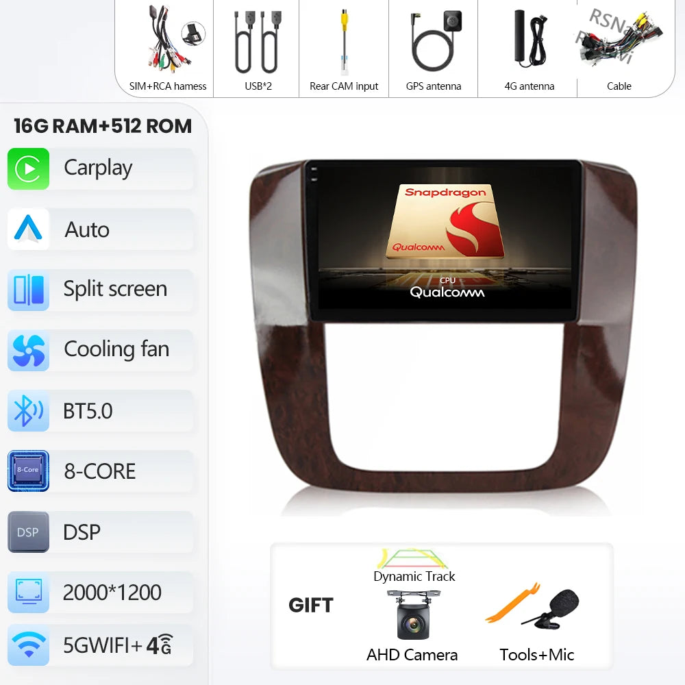 Android 16 Car Radio For GMC Yukon Chevrolet Tahoe Suburban 2008-2012 Carplay Multimedia Video Player Navigation Stereo Wifi+4G