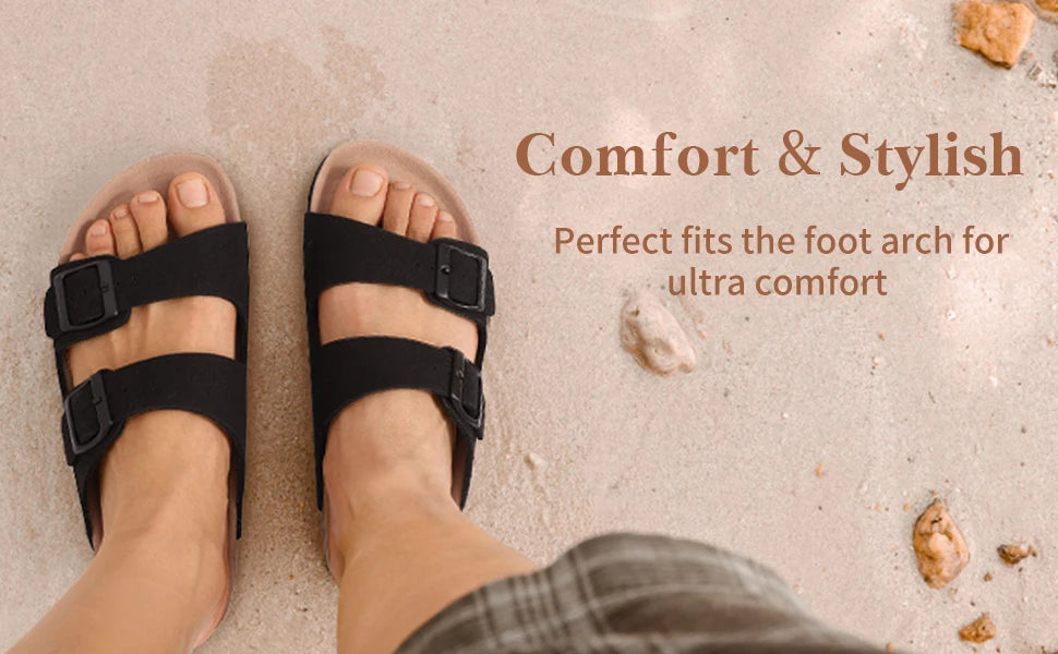 Crestar Women Cork Footbed Slippers Summer Couple Adjustable Double Buckles Flat Sandals Outdoor Cork Beach Slides With Open Toe