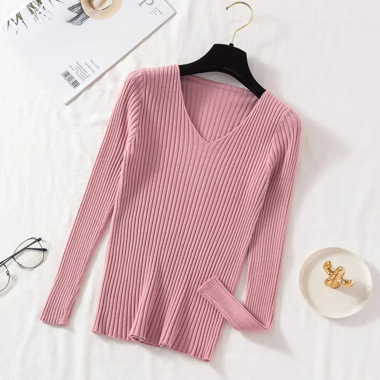 Women's V-Neck Knit Pullover — Casual Basic Sweater