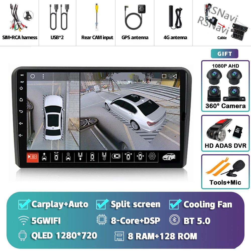 Android 16 Carplay Auto GPS Navigation For Audi A3 8P 2003 - 2013 Radio Multimedia Player 2Din Head Unit Video Stereo Car Radio