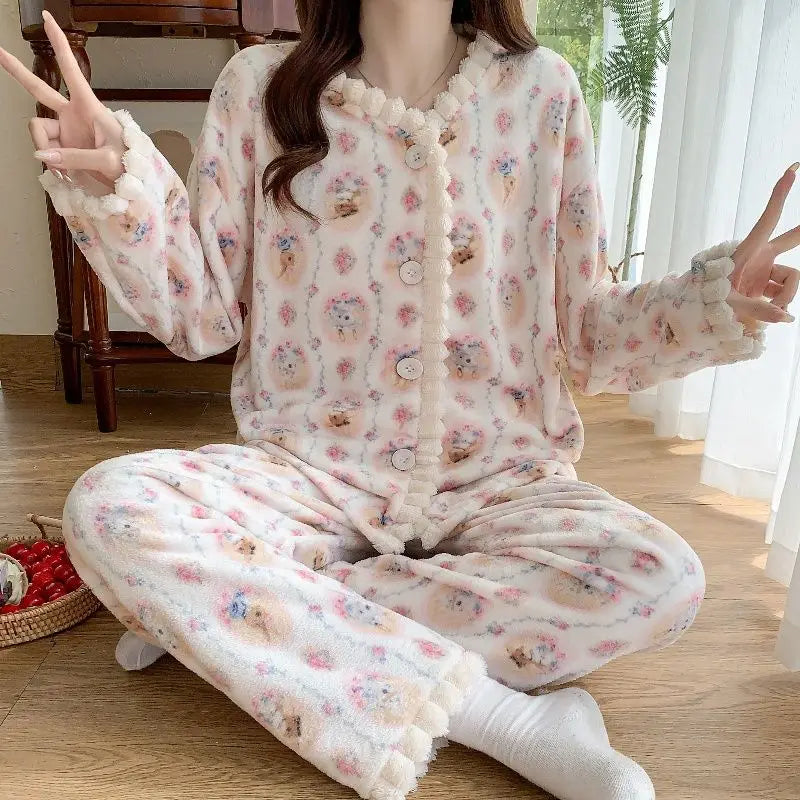 Women's Coral Fleece Pajamas - Printed Button Cardigan Sleep Set - photo 8