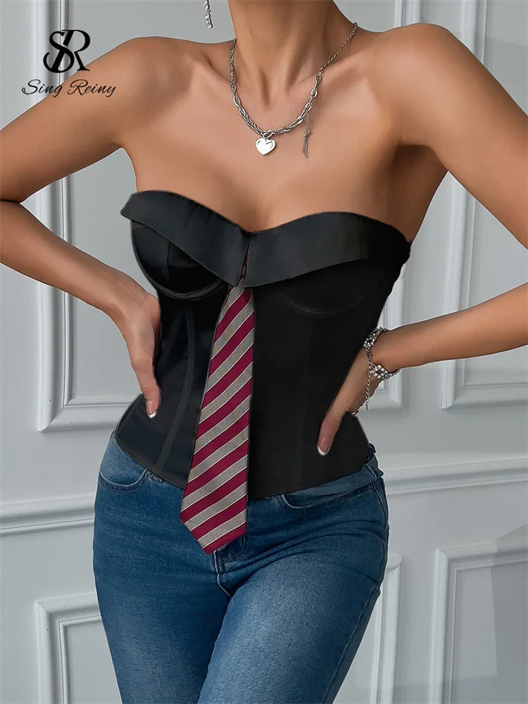 SINGREINY Women Sensual Strapless Slim Tank Tops Female Striped Tie Short Tank Tops Fashion Summer Lace Up Streetwear Tank Tops