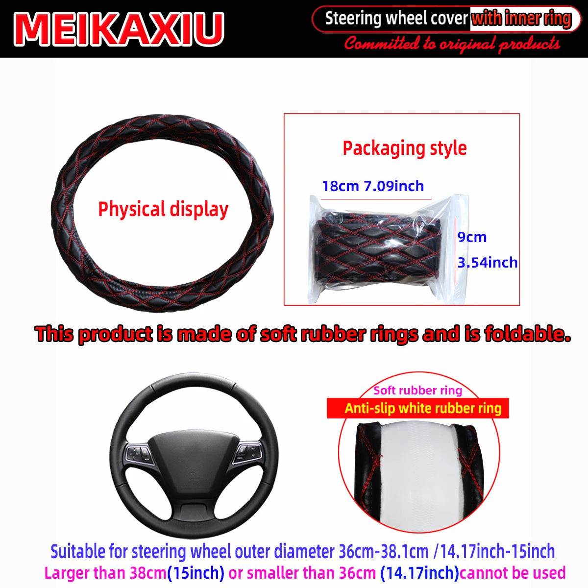 Diamond-Pattern Embroidered PU Sheepskin Steering Wheel Cover Foldable Inner Ring for O-Shaped/D-Shaped Cars - 36/37/38CM