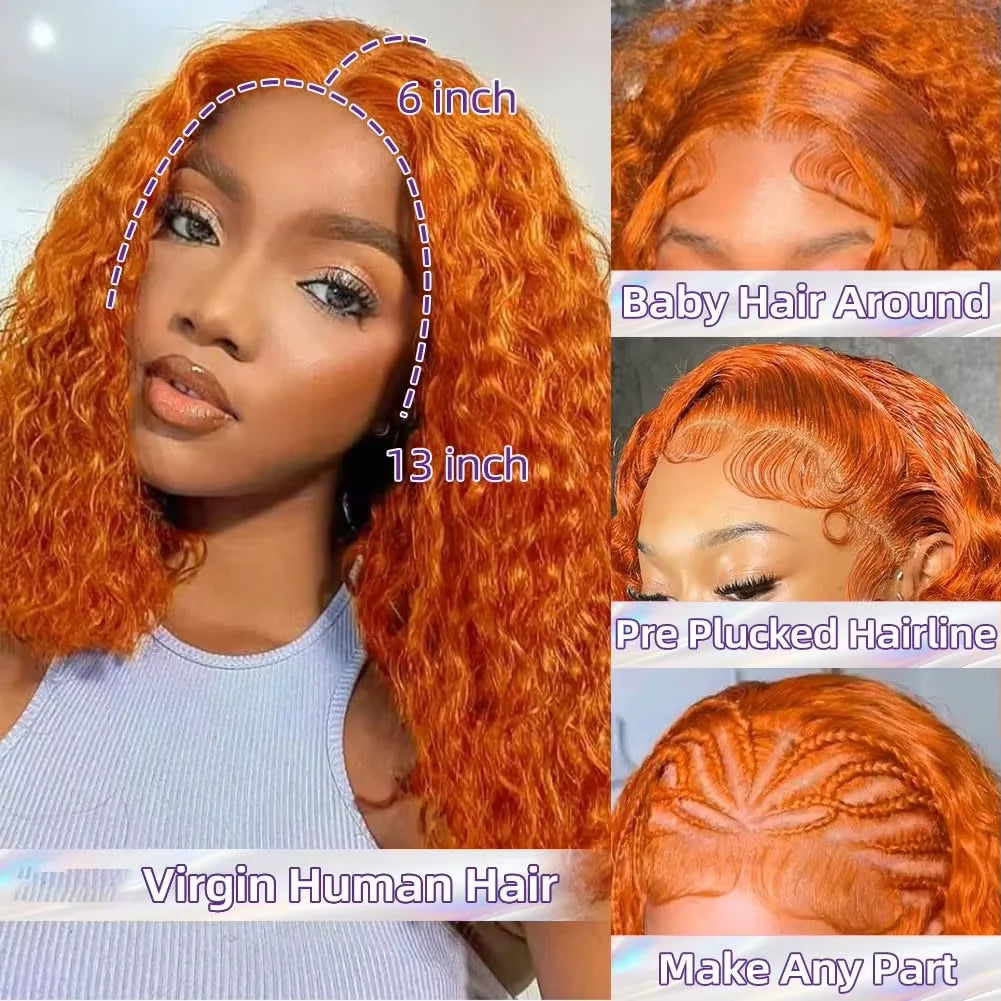 Curly Wig Human Hair Peruvian Deep Wave 13x6 HD Lace Front Wigs Human Hair For Black Women Pre Plucked Orange Ginger Color #350 13x4 Transparent Lace Frontal Human Hair Wig 240%