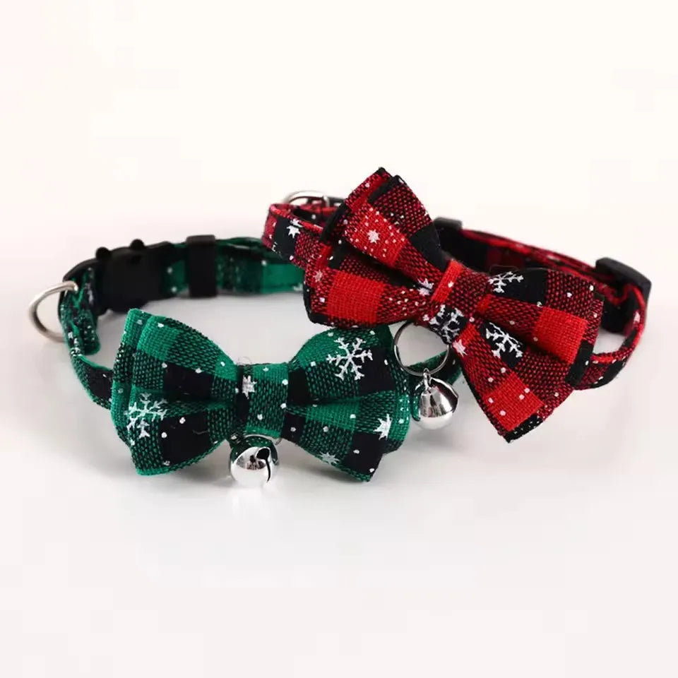 Pet Breakaway Cat Collar with Bow Tie & Bell, Cute Red Plaid Christmas Adjustable Elastic Dog Collar, Small Pet Neck Accessory