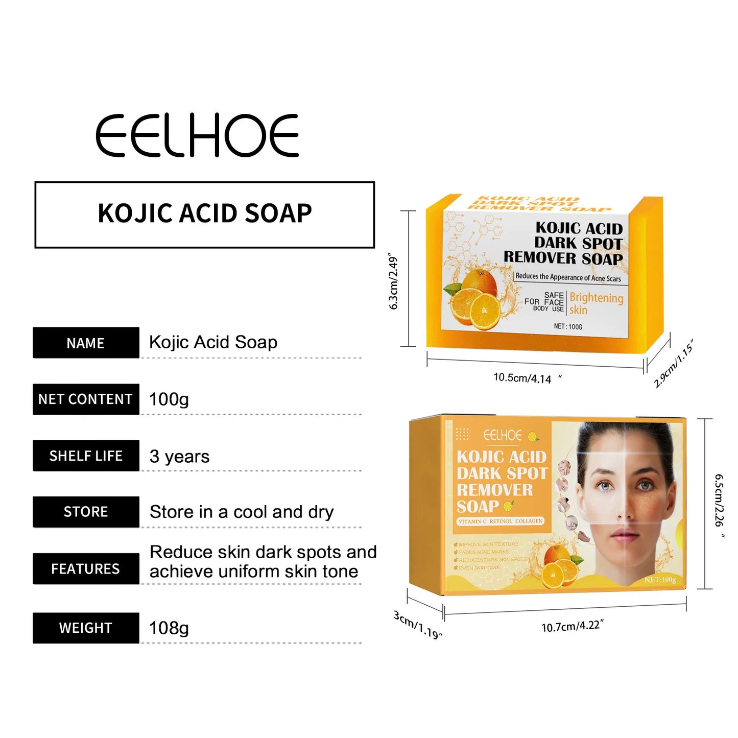 EELHOE Kojic Acid Soap Cleaning Even Skin Skin Brightener Oil Control Nourishing Hydration Skin Care Natural Turmeric Soap 100g