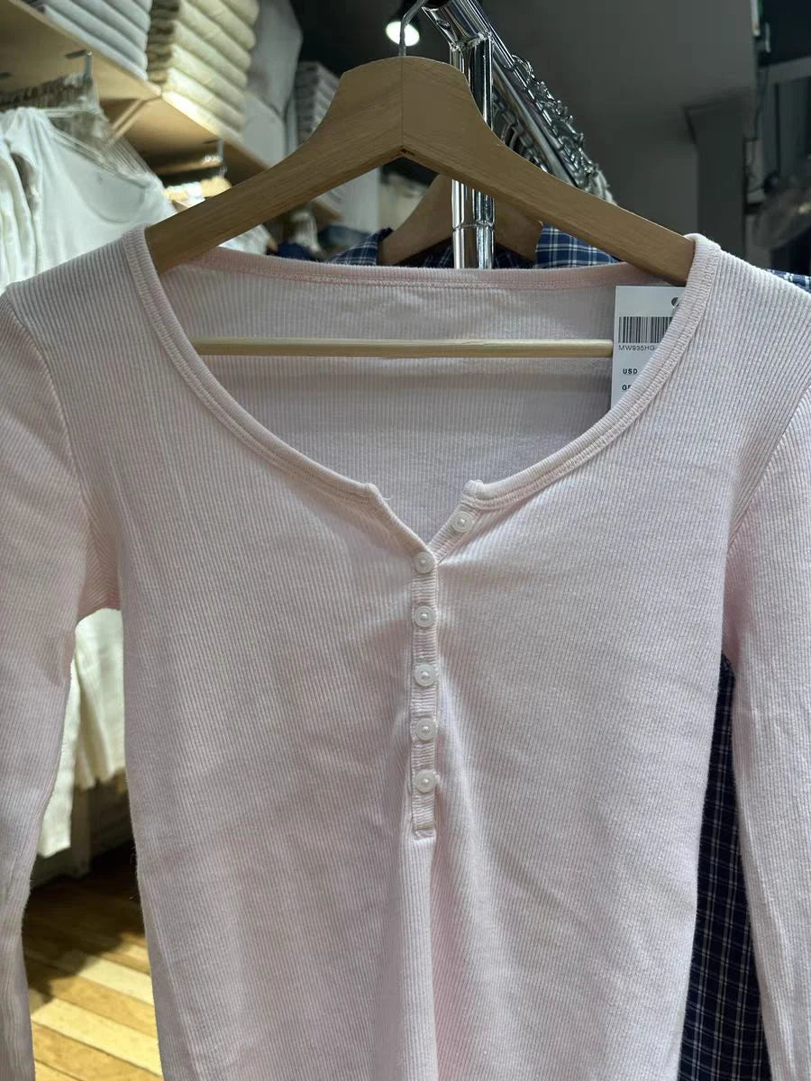 Women's Ribbed Long-Sleeve Top — Six-Button Slim Round-Neck Y2K Tee