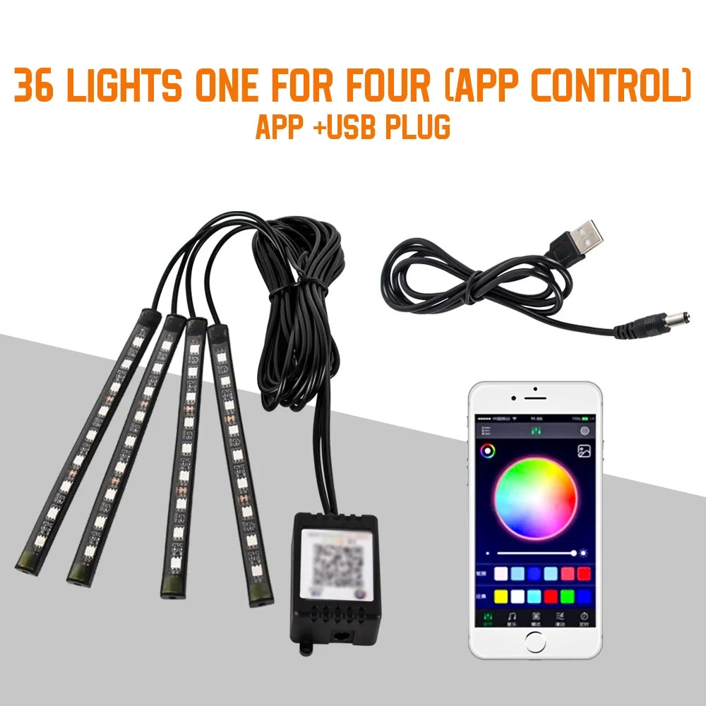 Neon 36 48 72 LED Car Interior Ambient Foot Light Wireless Remote Music APP Control Auto RGB Atmosphere Decorative Lamp