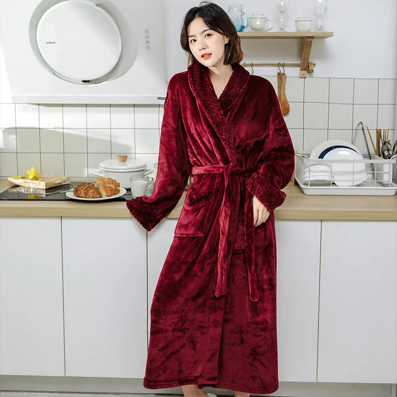 Couples Flannel Robe, Long Warm Fleece Bathrobe for Men and Women