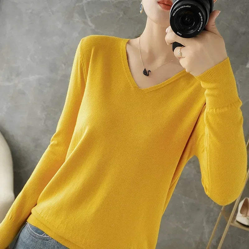 Women Sweater 2026 Spring Autumn Warm Winter Slim Fit Bottoming Shirt V-neck Korean Knitted Tops Casual High Strecth Jumpers