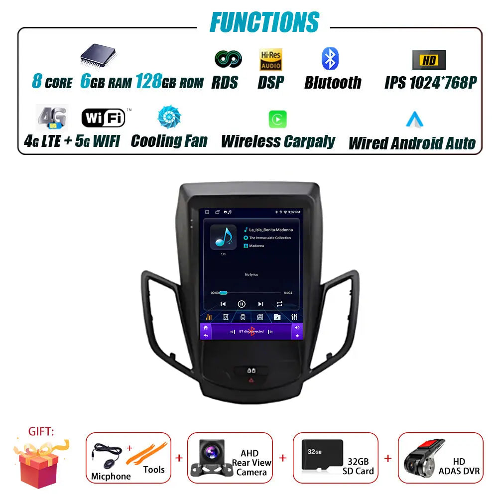 Android 16 Carplay For Ford Fiesta MK7 2009-2016 Car Radio Multimedia Stereo Player WiFi GPS Navigation NO DVD