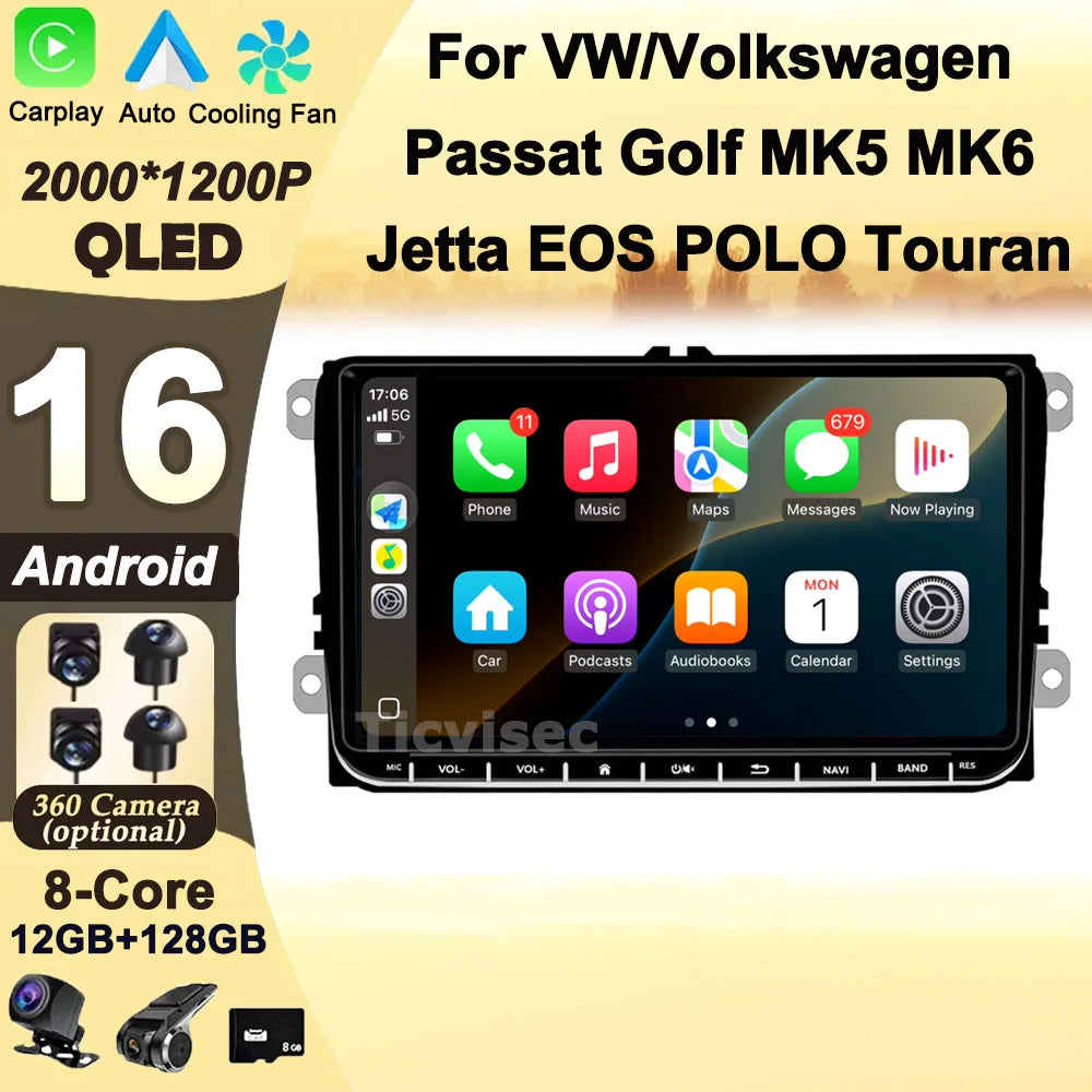 2 Din Android 16 Car Radio 9'' GPS With Carplay For VW/Volkswagen Passat Golf MK5 MK6 Jetta EOS POLO Touran Seat Sharan