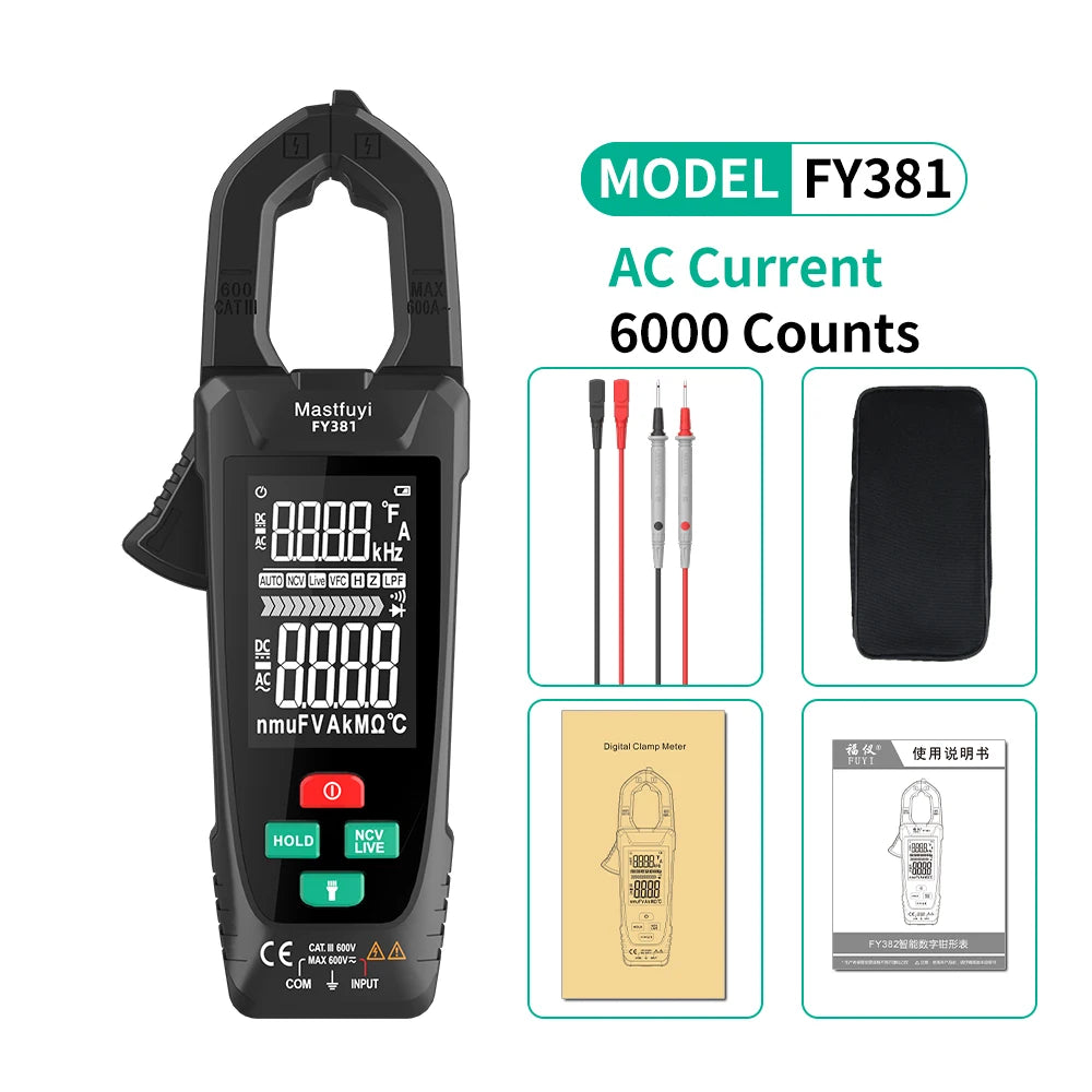 MASTFUYI Automatic Large-Screen Digital Clamp Meter Handheld Ammeter Clamp Multimeter 10000 Counts True RMS with NCV Detection