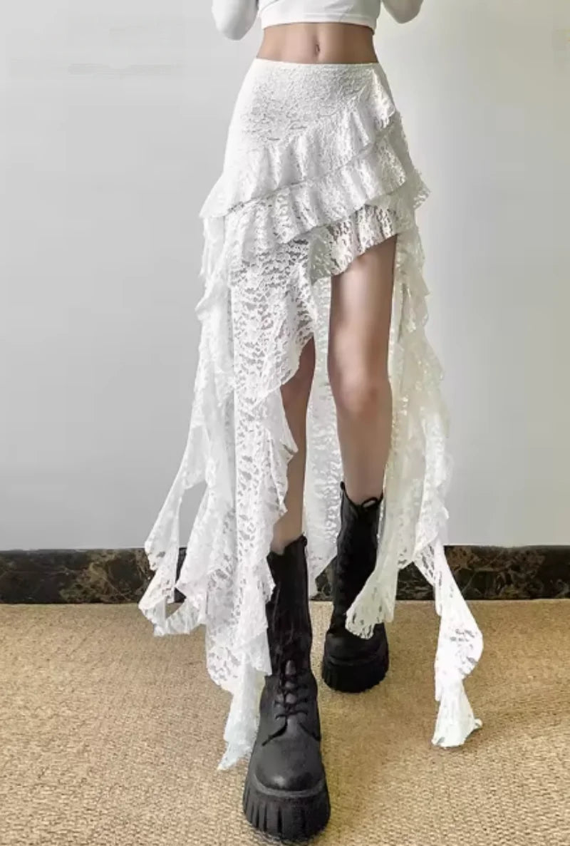 Tassels Women Skirts Irregular Hem Multi-Layered Ruffles Lace Ruffles Patchwork Sweet Skirts Sexy High Waist Y2k Party Clubwear