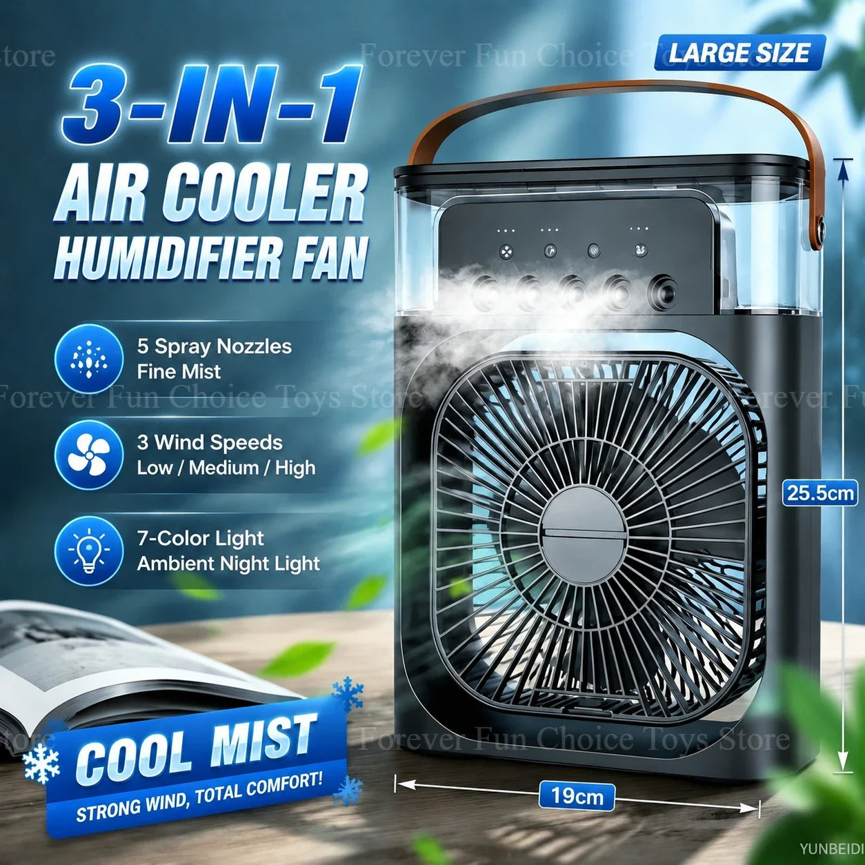 3-in-1 Portable Evaporative Air Cooler – Misting Fan, Humidifier & LED Light