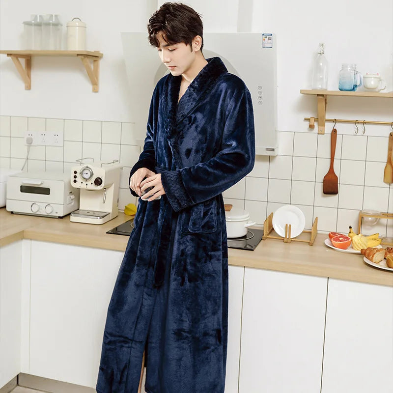 Couples Flannel Robe, Long Warm Fleece Bathrobe for Men and Women