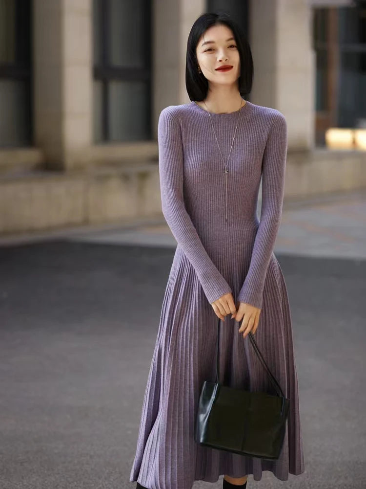 Women Sweater 100% Merino Wool Dress A-Line Pleated Skirts Spring Autumn Pullover Cashmere Thin Slim Flare Dress O-neck Knitwear