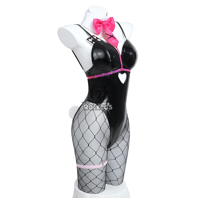 ROLECOS Black Jumpsuit Rabbit Hole Bunny Girl Costume Halloween Sexy Women PU Leather Fabric Elastic Cosplay Bunny Suit Outfit