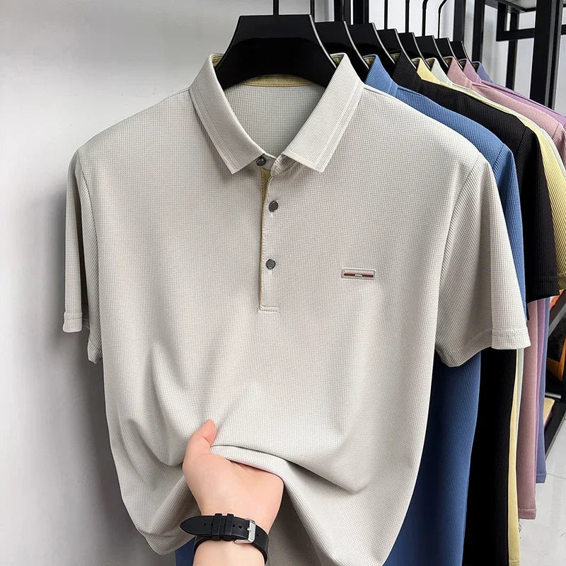 Men's Waffle Mesh Polo Tee - Lightweight Lapel, Elastic Comfort