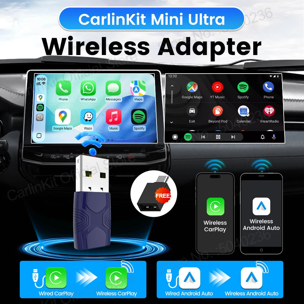 CarlinKit 5.0 Mini Ultra 2/3 Wireless Smart Box Wireless Android Auto CarPlay USB Adapter WiFi BLE Auto Connect Online Upgrade