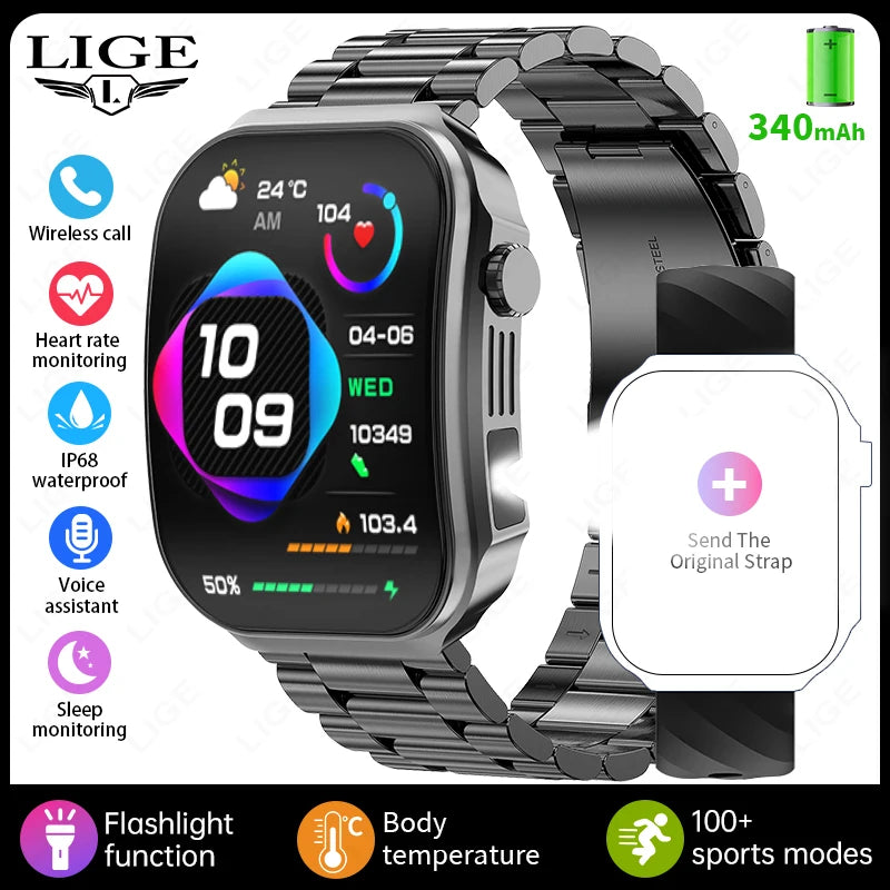 LIGE BWU15 Smart Watch – 2.2" 3D Curved Screen, BT Calling, Heart Rate, Blood Oxygen & 100+ Sports Modes | IP67