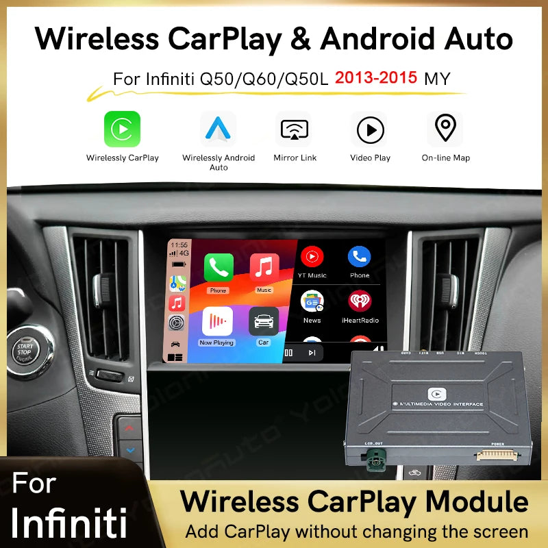 YolanAuto Wireless CarPlay Android Auto for Infiniti Q50 Q50L Q60 QX50 QX60 QX70 2013-2019 Support GPS Music Airplay 360 Camera