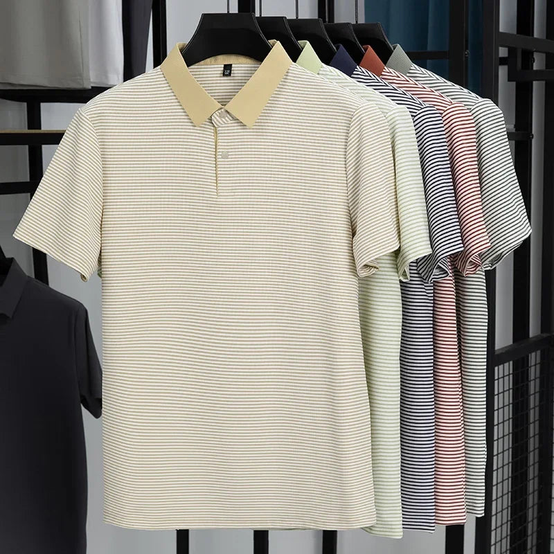 Men's Fine-Stripe Lapel Polo - Breathable Mesh, Soft Stretch