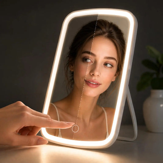 Compact Square Folding LED Makeup Mirror - 3 Light Colors for Travel