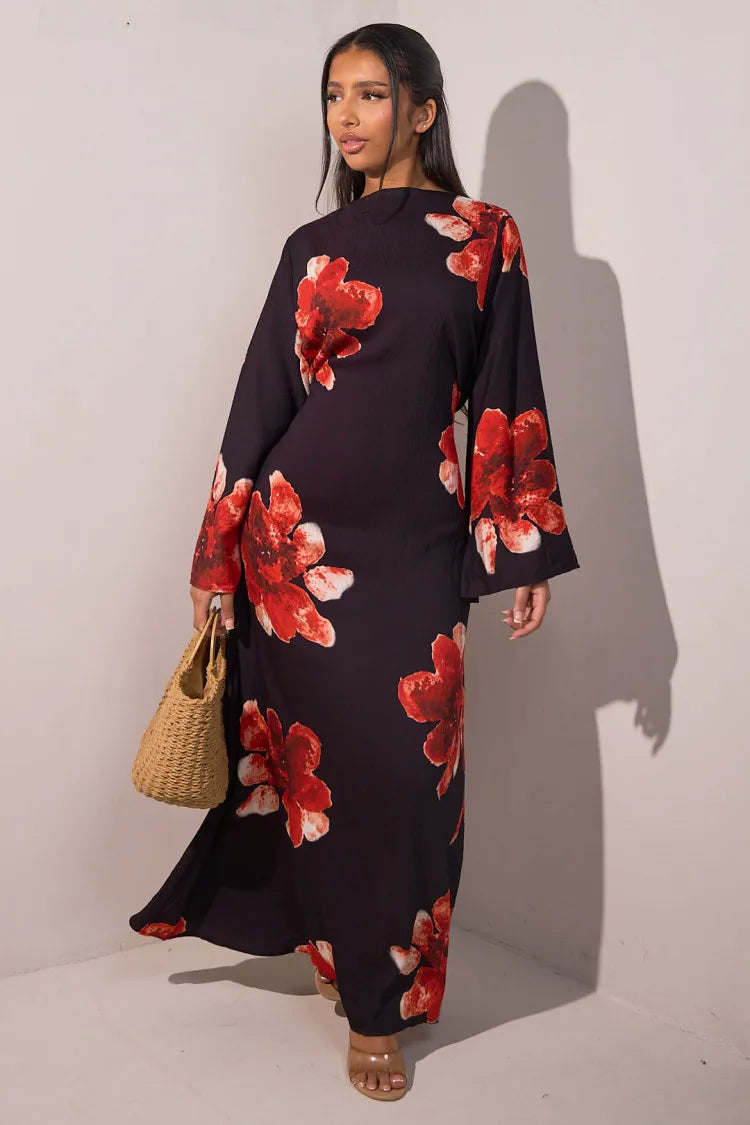 Women's Floral Print Abaya Party Dress – Muslim Kaftan Jalabiya