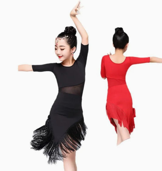 Girls fringe Latin dance dress in black or red