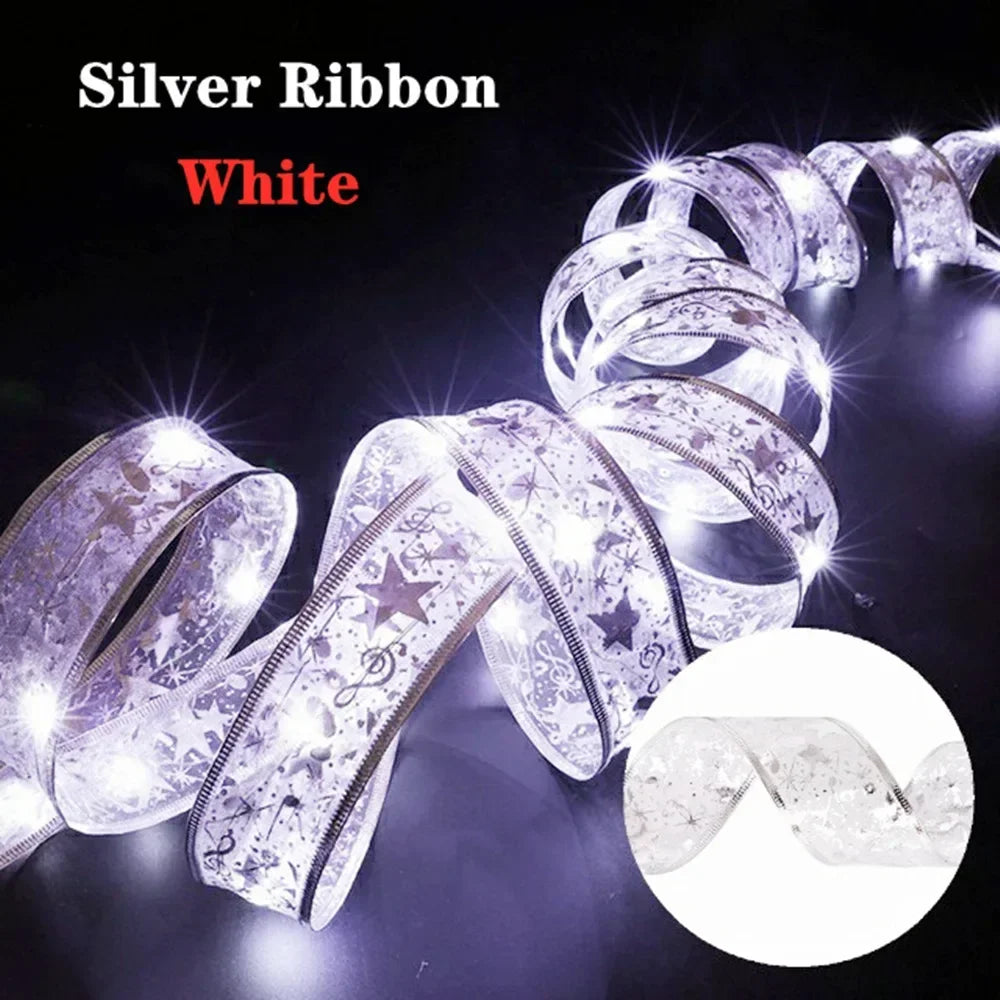 1/2/5/10M Christmas Tree Ribbon Fairy Lights, Indoor DIY Bows String Light Battery Powered for Christmas Tree New Year Decor