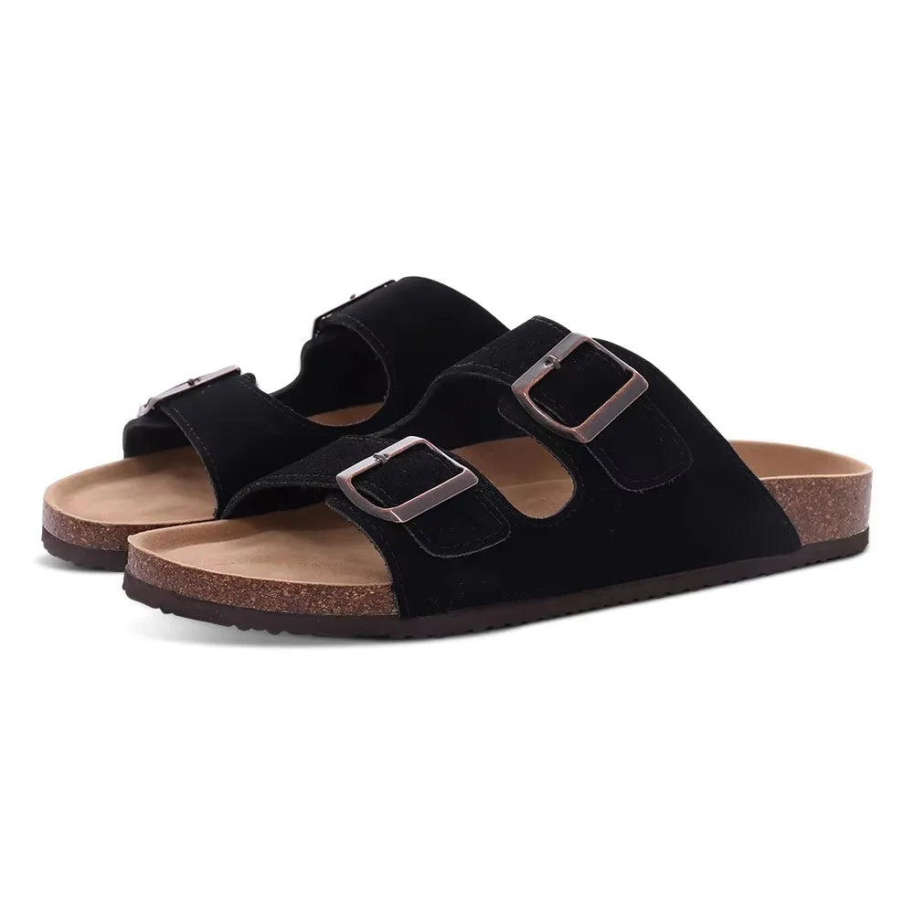 Crestar Women Cork Footbed Slippers Summer Couple Adjustable Double Buckles Flat Sandals Outdoor Cork Beach Slides With Open Toe