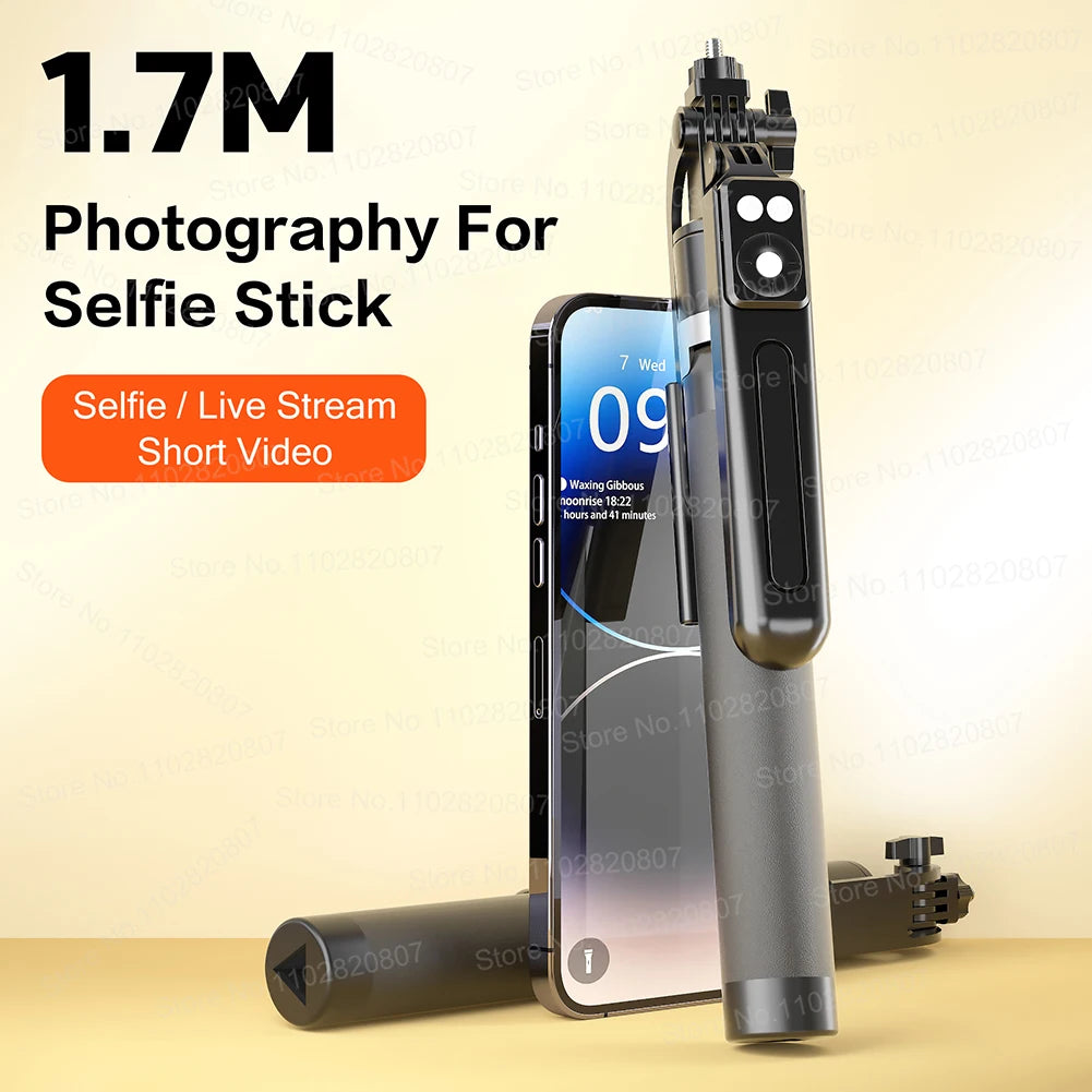 1.7M Extendable Bluetooth Selfie Stick Tripod – Wireless Remote & Fill Light for TikTok Live Streaming