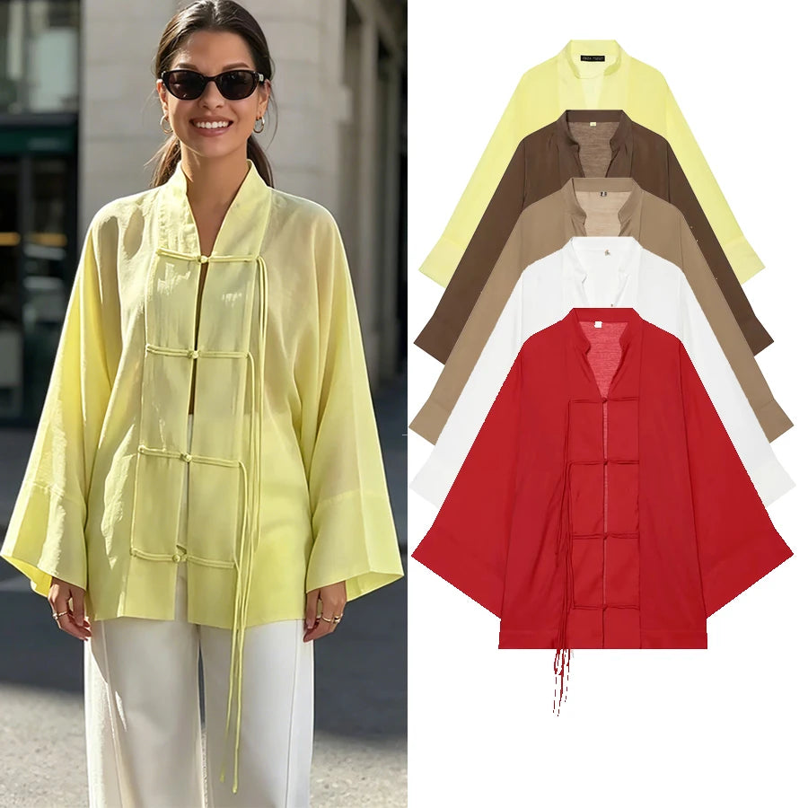 Women's Sheer Button-Up Shirt - Loose Long Sleeve Casual Blouse