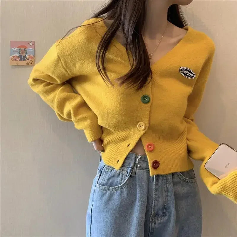 Cardigan for Women Long Sleeve Knitted Sweaters Sweater Cropped Crochet Kawaii V Neck Cardigans Woman Black Tops Cute 2025 Trend