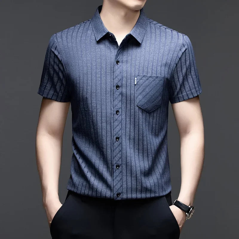 Men's Striped Short-Sleeve Shirt - Button-Down Collar, Chest Pocket