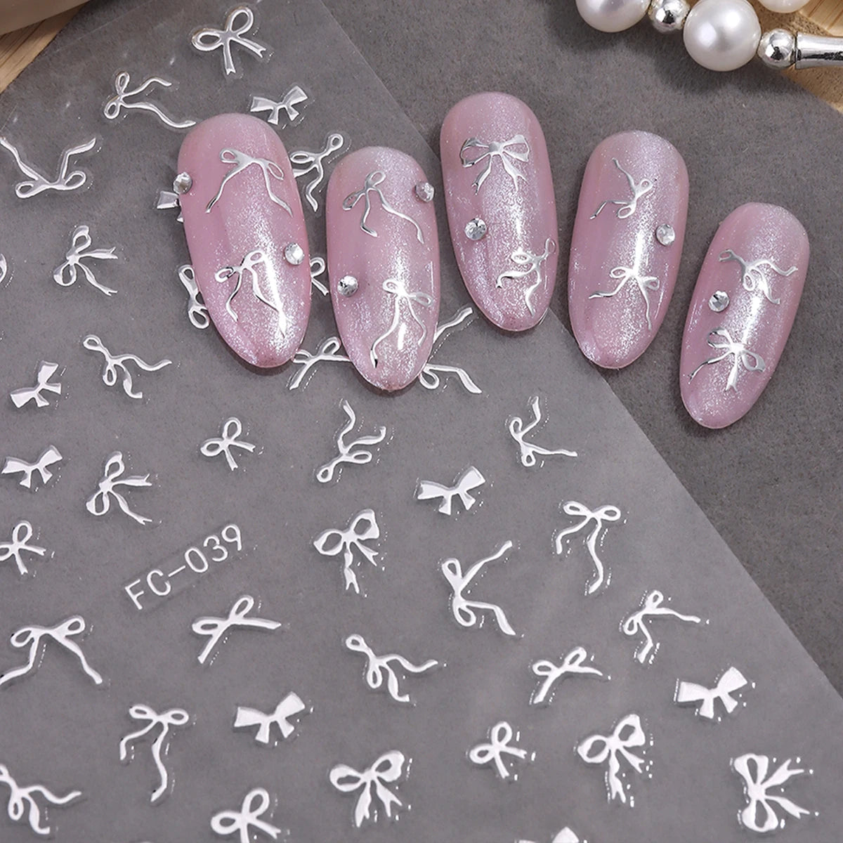 New Year's Red Bow Nail Stickers, Self-Adhesive Pink and Gold Ribbon Nail Decorations, Ballet-Style Ribbon Design Nail Decals