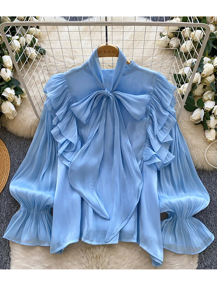 Women's Bow Chiffon Blouse - Ruffle Hem Long Sleeve Top