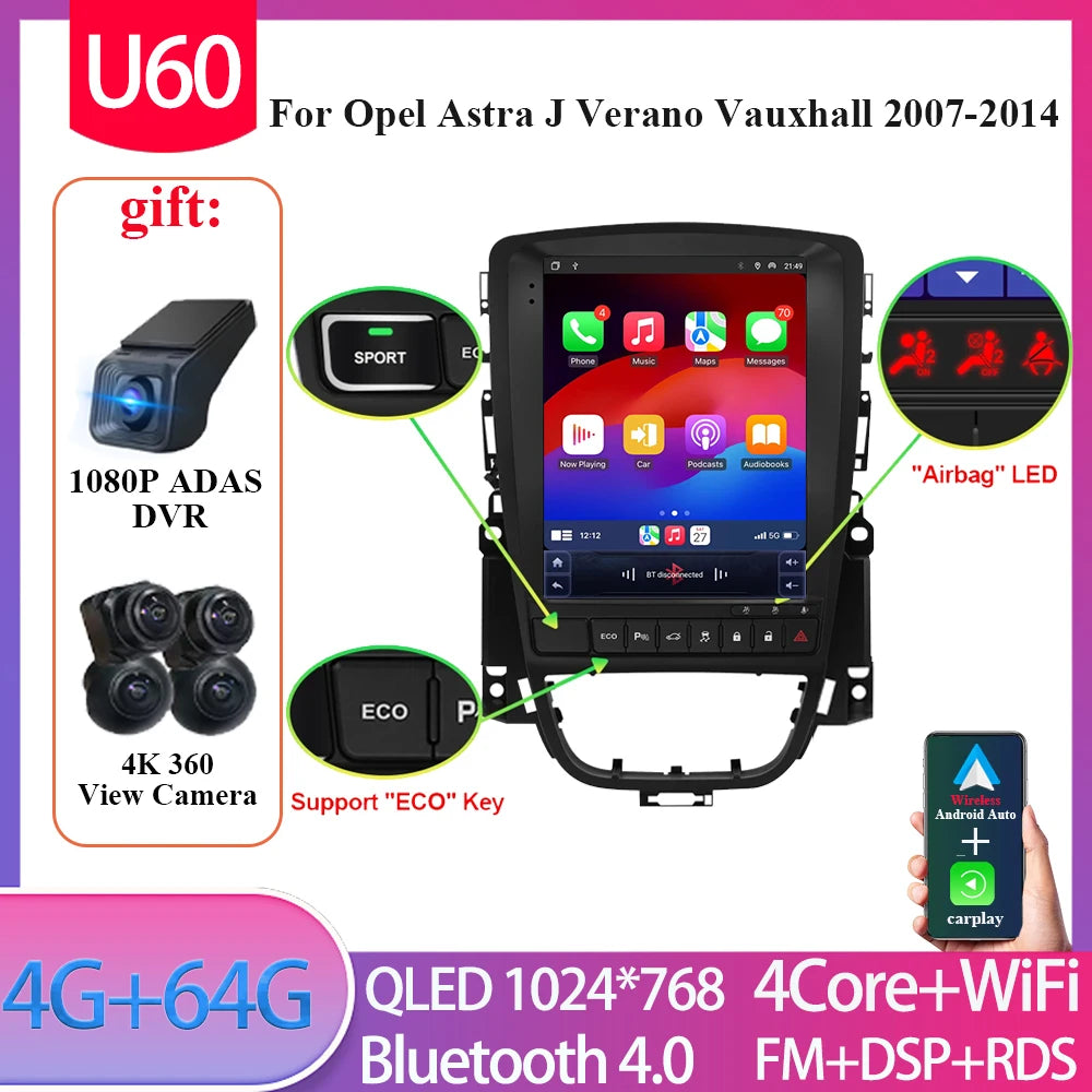 9.7" Android Car Stereo for Opel Astra J & Verano, Vauxhall (2007–2014) — CarPlay, GPS, 4G, Bluetooth