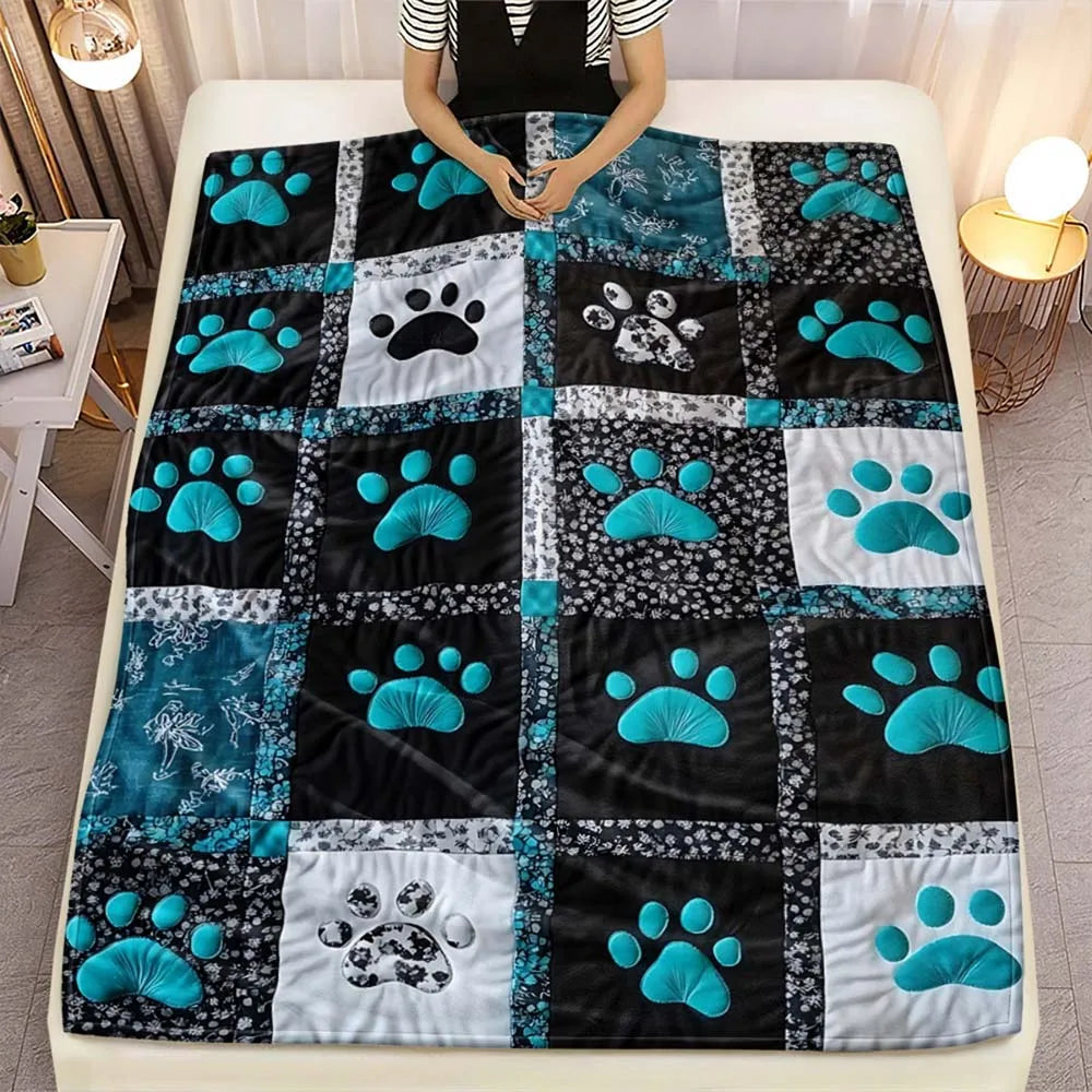 Teal Paw Print Quilted Throw Blanket - Patchwork Fleece for Pet Lovers - photo 4