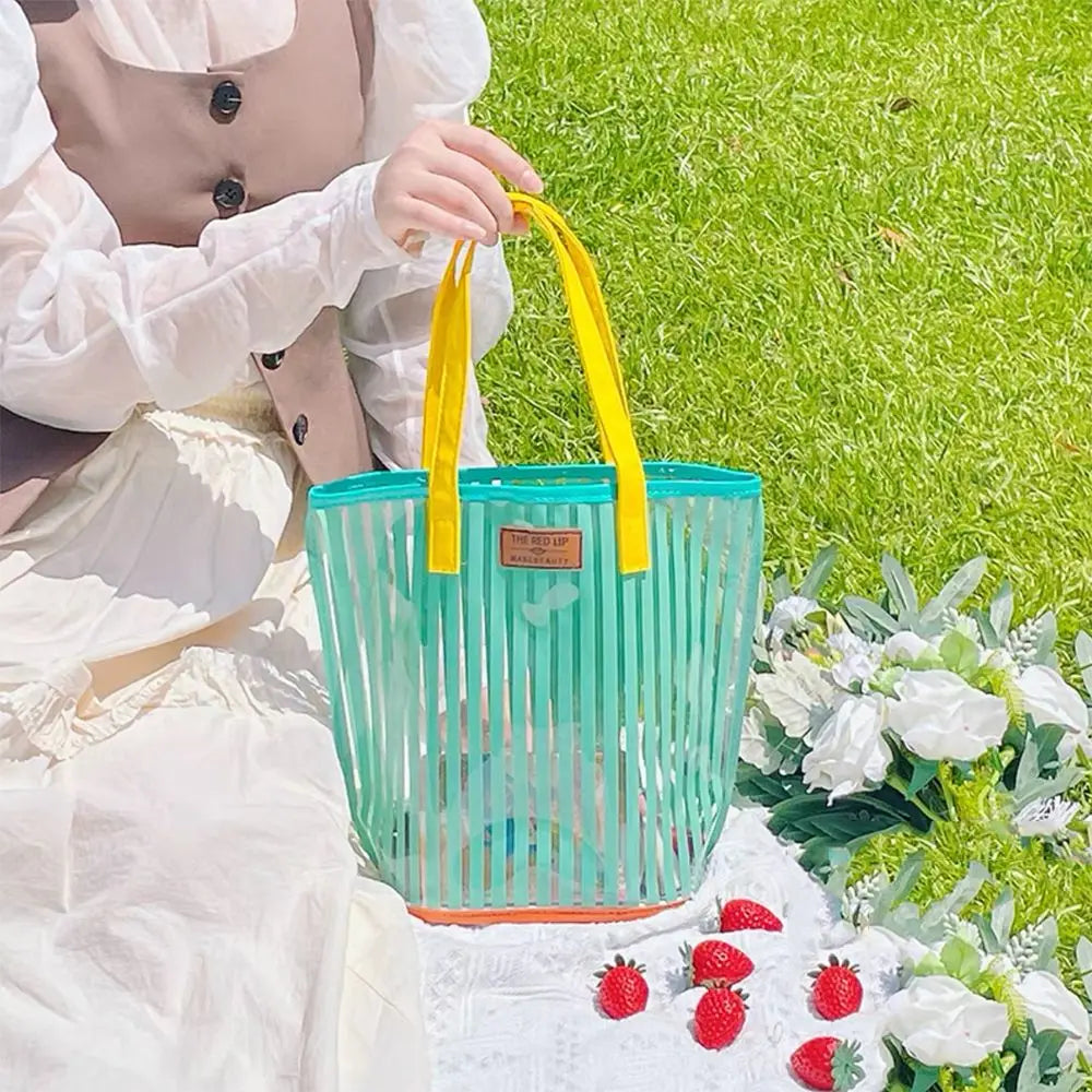 Large Capacity Transparent Handbag Waterproof Stripe Print Beach Bag Wash Bag Protable Travel Shopping Sundry Storage