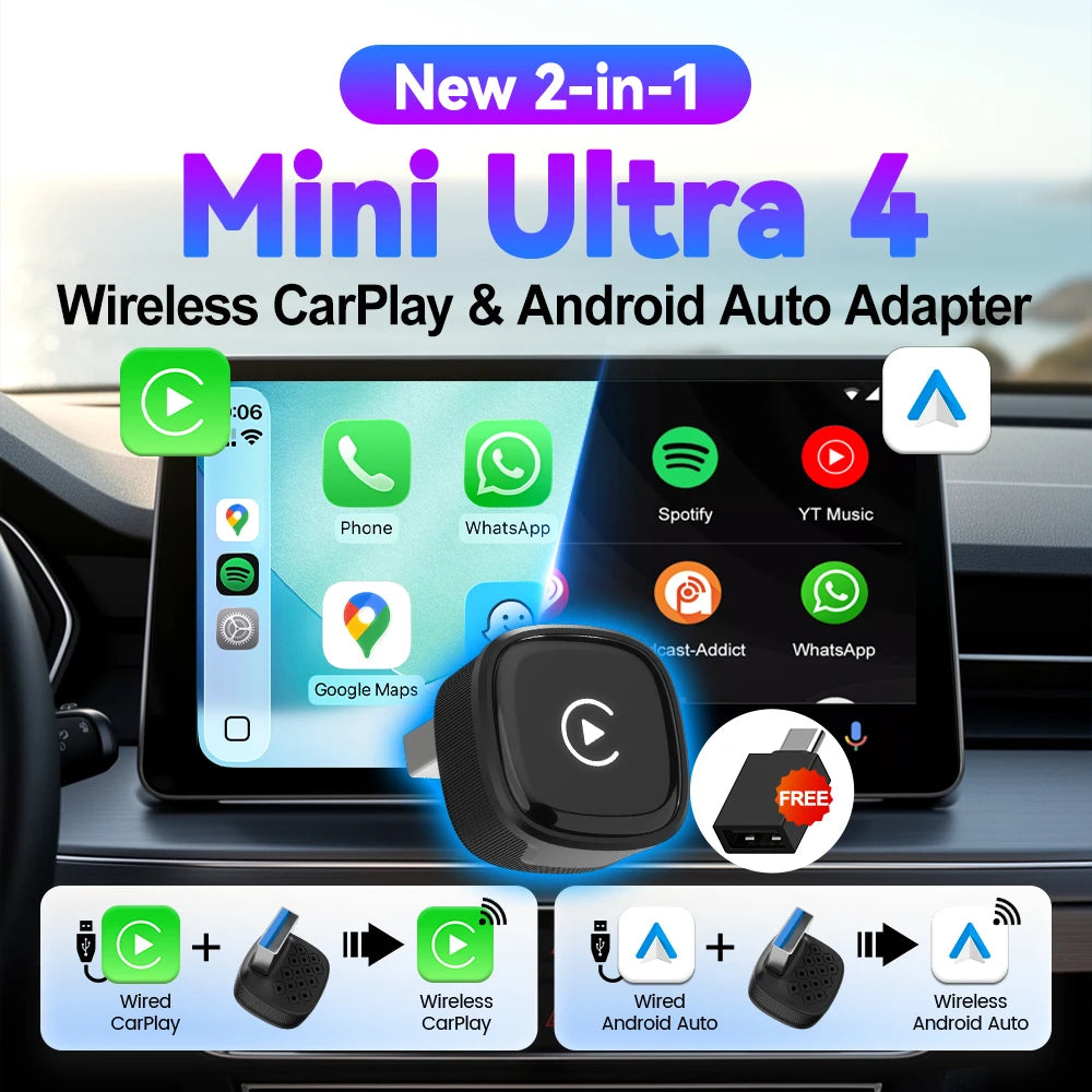 CarlinKit 5.0 Mini Ultra 4 Wireless CarPlay Android Auto  Wireless Adapter Plug &Play WiFi Bluetooth Auto Connection OTA Upgrade