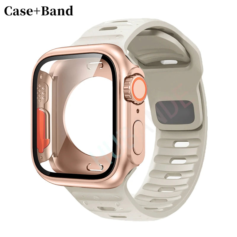 Silicone strap For Apple Watch 44mm 45mm 41mm 40mm Bracelet+Screen protectores Change to Ultra For iWatch Series 9 8 7 SE 6 5 3