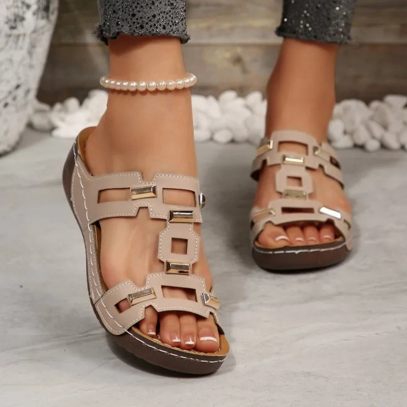 Roman Wedge Slide Sandals for Women — Open-Toe Slip-On Summer Beach Shoes, Plus Size