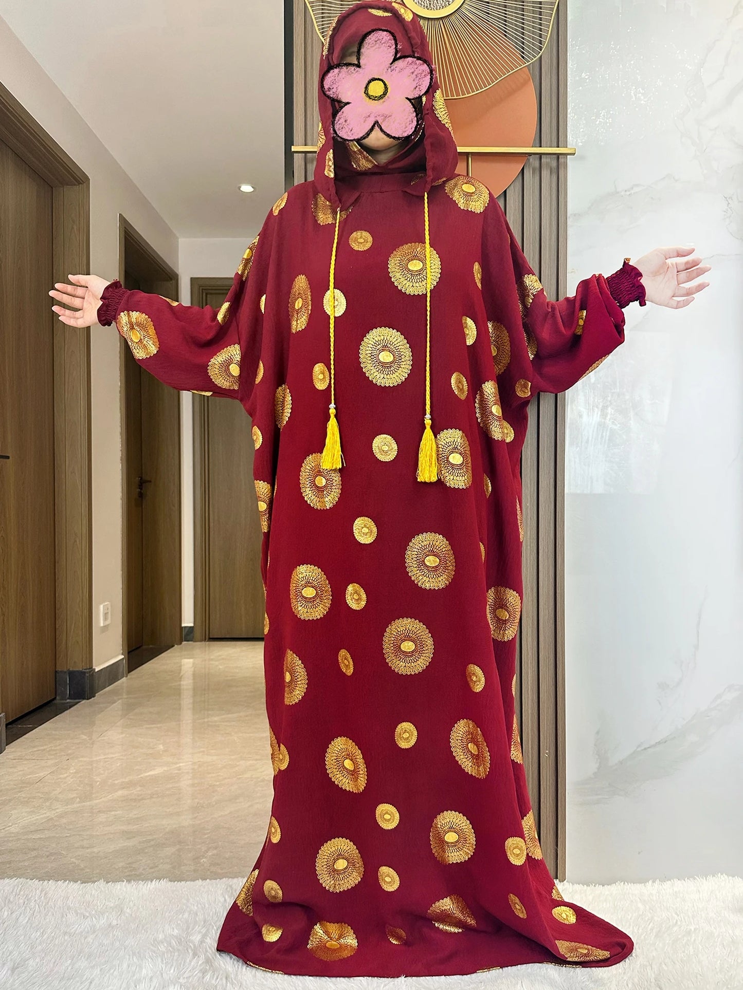 Women's Cotton Embroidered Abaya Kaftan – Gold Dust Shimmer, Loose Fit, All-Season Muslim Dress