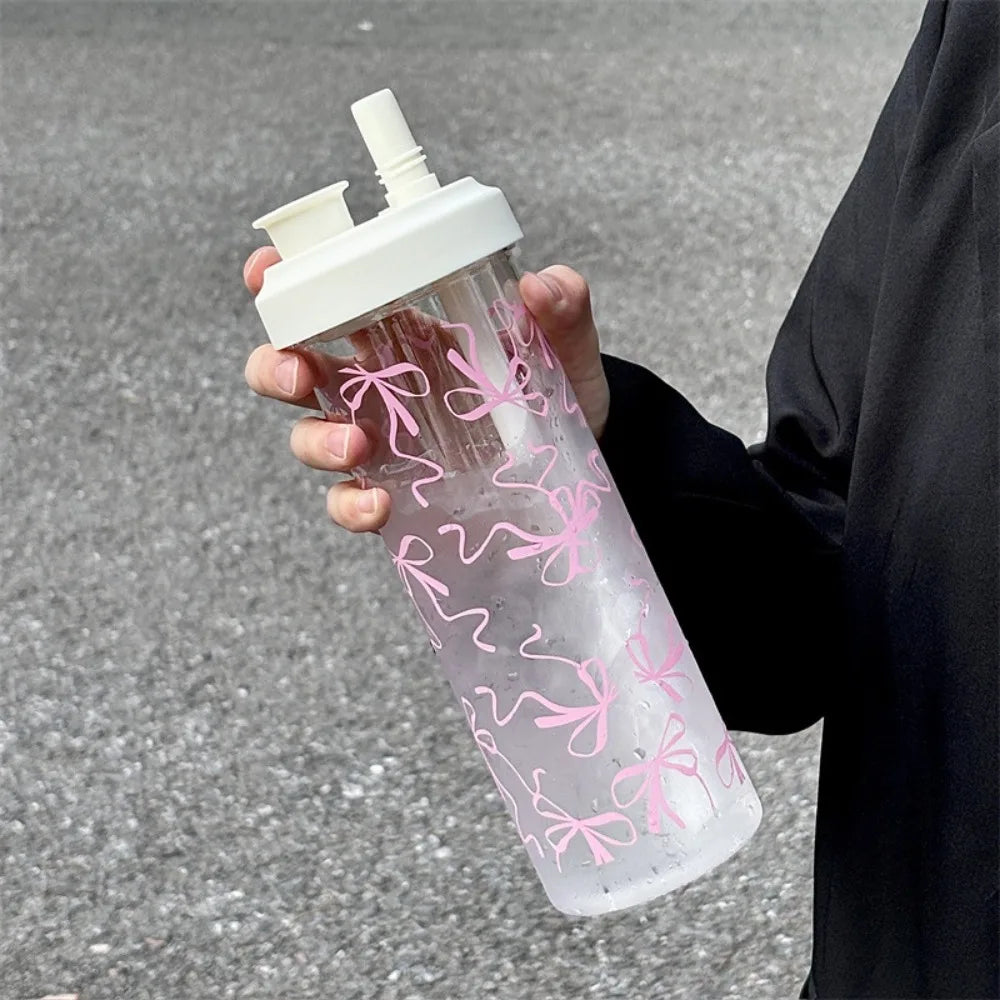 Cute Bowknot 500/700ml Water Bottles Juice Milk Plastic Cup with Lid Straw Bubble Tea Coffee Cups Large Capacity Drinkware