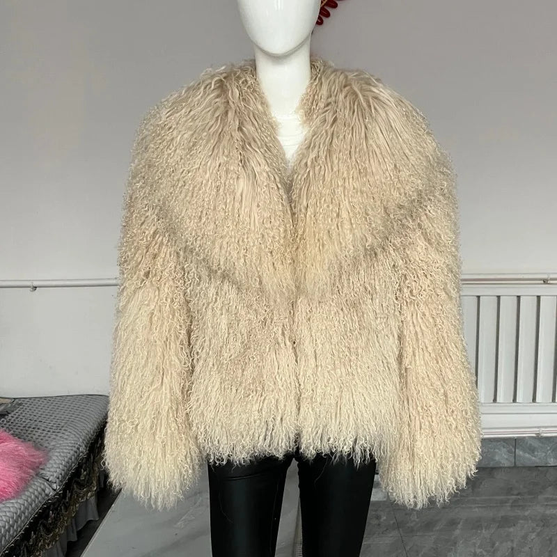 Women's Mongolian Sheep Fur Coat, Turn-Down Collar