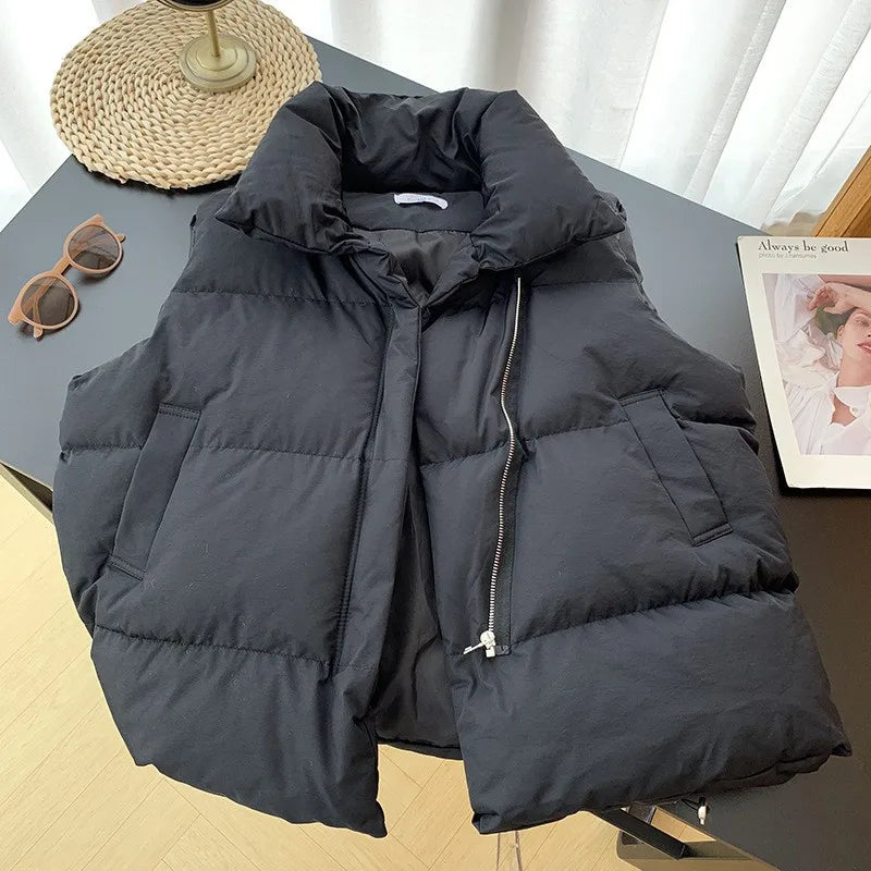 Women's Stand Collar Puffer Vest - Belted Sleeveless Winter Jacket - photo 8