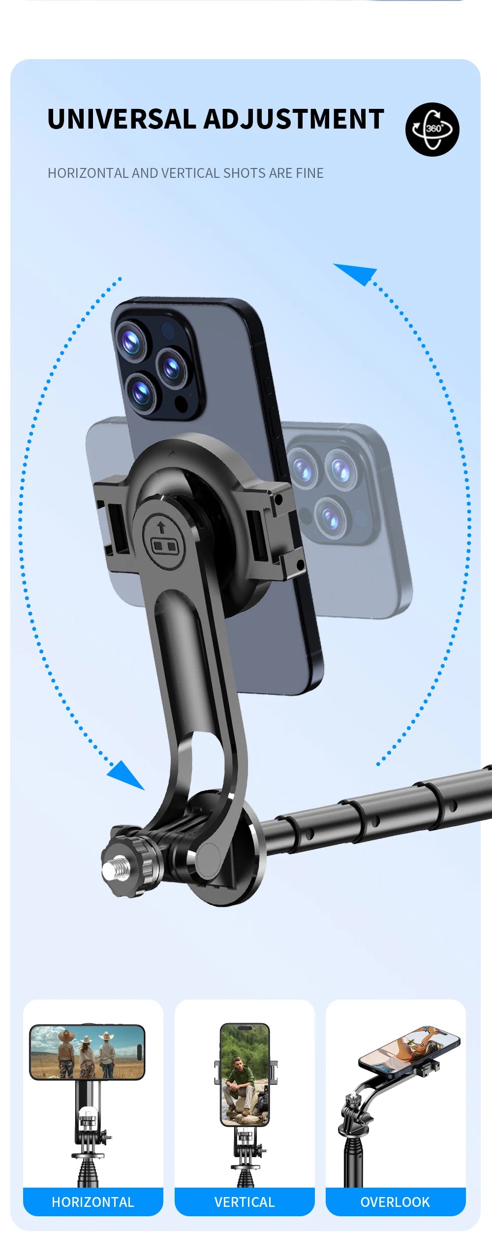 Magnetic Selfie Stick Tripod for iPhone 12-16 Pro Max Travel Stand with Magsafe Phone Clamp for Android Smartphone