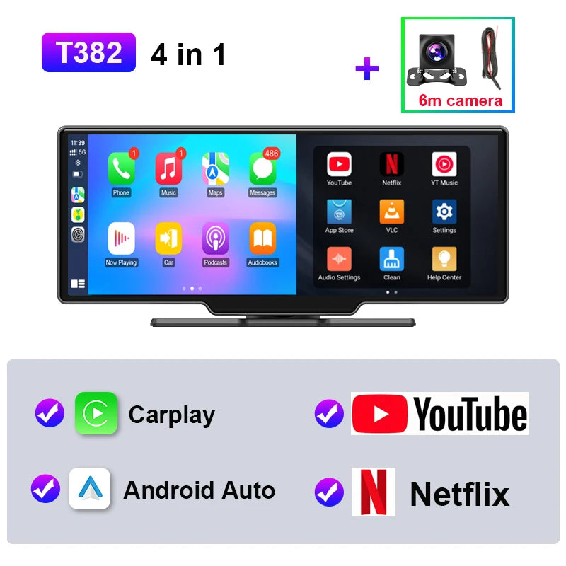JMCQ 10.26" Universal Android Car Screen — Wireless CarPlay, Android Auto, WiFi, Bluetooth